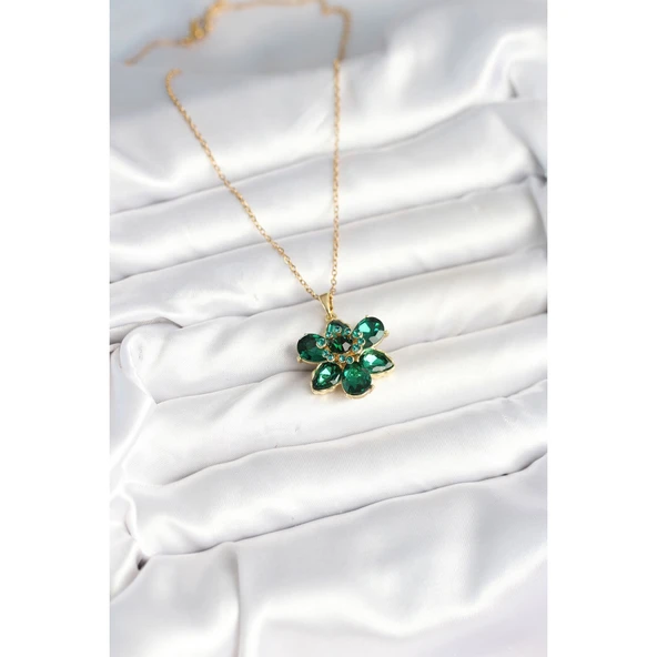 316L Çelik Zincirli Yeşil Çiçek Model Kadın Kolye Vice-5353 - 2