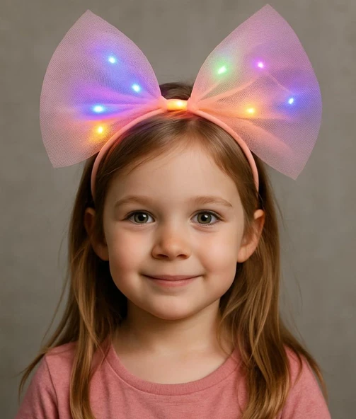 Rengarenk Led Işıklı Fiyonk Şekilli Tül Parti Tacı Pembe Renk 25x25 cm - Resim 2