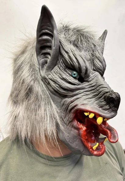 Kafaya Tam Geçmeli LateNessiWorld Dil Çıkaran Mavi Gözlü Kurt Maskesi - Resim 2