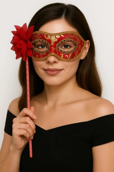 LüNessiWorld Taşlı Saplı Maskeli Balo Maskesi Kırmızı Renk 35 cm - Resim 2