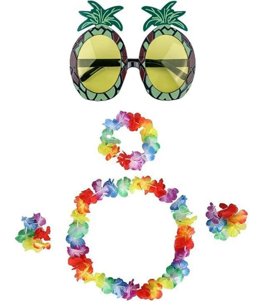 Renkli Ananas Gözlük, Taç, Kolye ve Bileklik Seti - 2