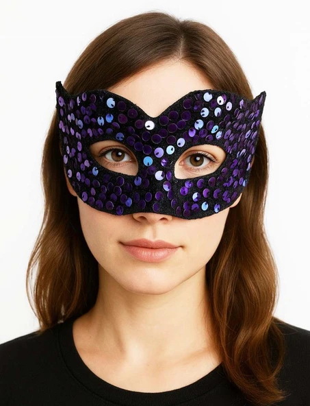 Mor Renk Arkadan Lastikli Pul Payet İşlemeli Balo After Parti Maskesi ürün görseli