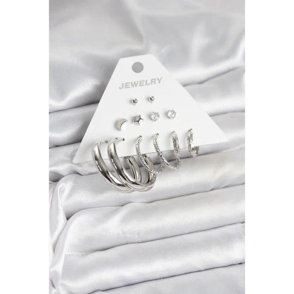 Pirinç Gümüş Renk Halka Modelli 6 Çift Kadın Küpe