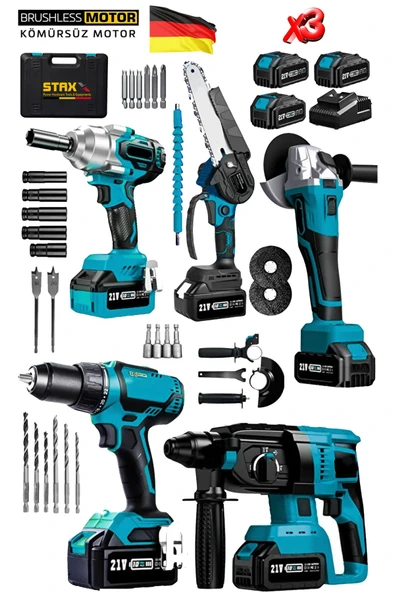 STAXX 5'li Set Kömürsüz Motor x3 Akülü Somun Sökme Sıkma Matkap Taşlama Kırıcı Dal Budama Makine ürün görseli 1
