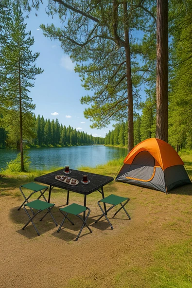 Exent 45X60 cm Kamp Sehpası + 4 Adet YEŞİL Tabure Piknik, bahçe balkon sehpası Katlanır Sehpa-ME-4Y ürün görseli