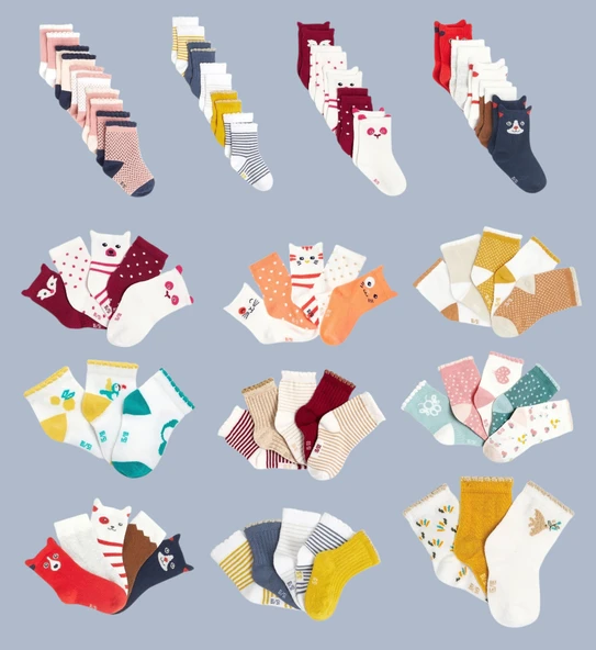 12'çift Organik Pamuklu 0/3 yaş Kız Bebek Çorap