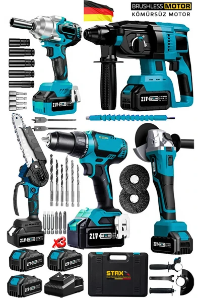 STAXX 5'li Set Kömürsüz Motor x3 Akülü Somun Sökme Sıkma Matkap Taşlama Kırıcı Dal Budama Makine - Resim 2