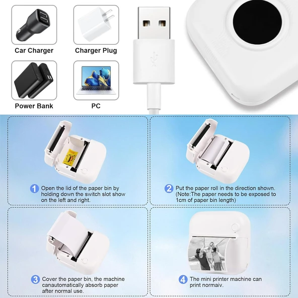 C17 Mini Taşınabilir Yazıcı 12 Rulo Kağıtlı Mürekkepsiz Etiket Yazıcısı  Mini Termal Yazıcı Beyaz - Resim 6