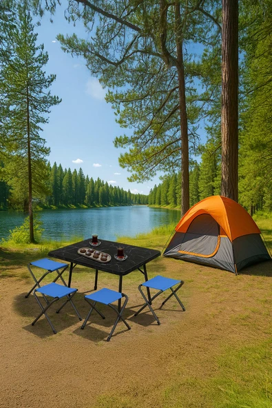 Exent 45X60 cm Kamp Sehpası + 4 Adet MAVİ Tabure Piknik, bahçe balkon sehpası Katlanır Sehpa-ME-4M