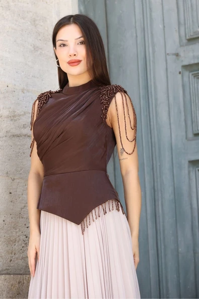 Omuz İşlemeli Pliseli Abiye Elbise 2385-Kahverengi/Bej - Resim 6