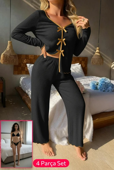 Kadın Siyah Fiyonklu İç Çamaşırı ve Uzun Kollu V Yaka Pijama Takımı 4'lü Set ürün görseli