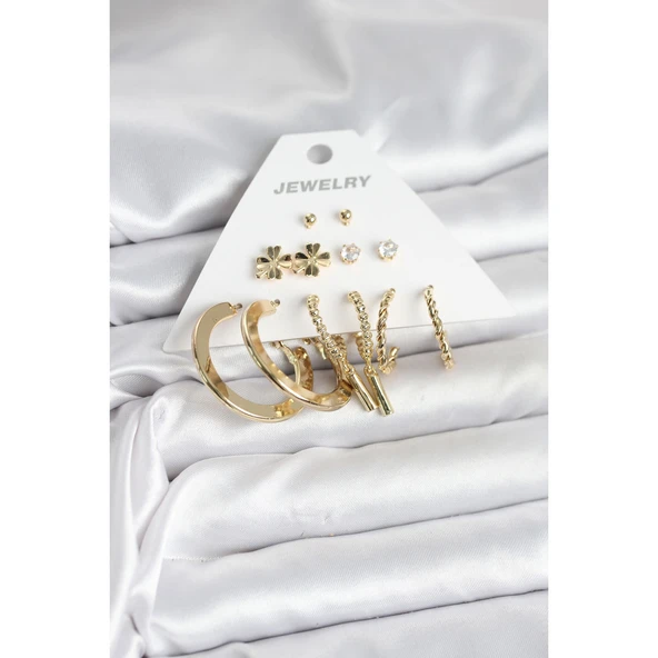 Pirinç Gold Renk 6 Çift Kadın Küpe Seti