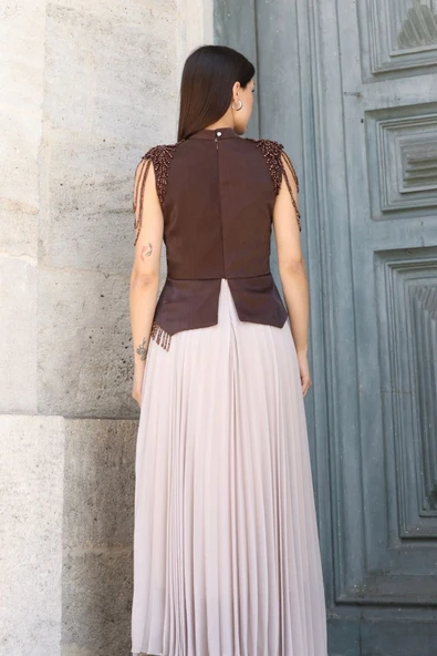 Omuz İşlemeli Pliseli Abiye Elbise 2385-Kahverengi/Bej - Resim 7