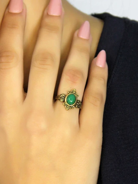 Doğal Taş Yeşil Akik Doğal Taşlı Antik Model Kadın Ayarlanabillir Yüzük euy78ya - Resim 3