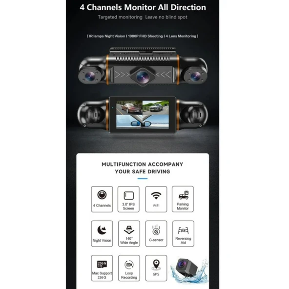 Ozmik V10 Araç Kamerası  4 Kameralı  Gps Takip- G Sensör 1080P Kayıt  Wifi  Özellikli - 7
