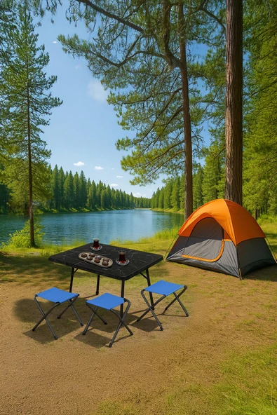 Exent 45X60 cm Kamp Sehpası + 3 Adet MAVİ Tabure Piknik, bahçe balkon sehpası Katlanır Sehpa-ME-3M ürün görseli 1