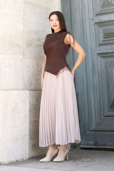 Omuz İşlemeli Pliseli Abiye Elbise 2385-Kahverengi/Bej - Resim 4