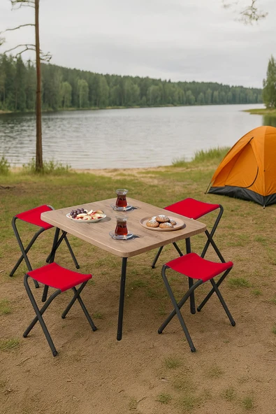 Exent 45X60 cm Kamp Sehpası + 4 Adet KIRMIZI Tabure Piknik, bahçe balkon sehpası Katlanır Sehpa-A-4K ürün görseli