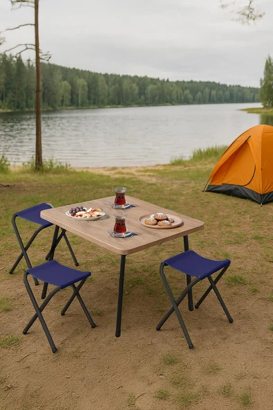 Exent 45X60 cm Kamp Sehpası + 3 Adet LACİVERT Tabure Piknik, balkon sehpası Katlanır Sehpa-A-3L ürün görseli