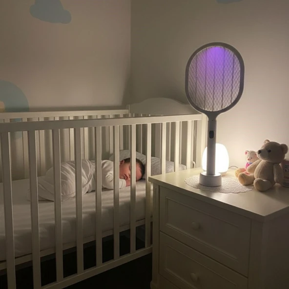 USB Şarjlı Beyaz Renk Kendiliğinden Standlı Şarj Göstergeli UV Işıklı Sinek Öldürme Raketi LTD-718 - 3