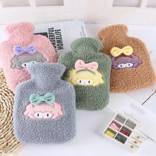 1 Litre Polar Peluş Örgülü,Kurdeleli Saçlı Kız Model Sıcak Su Torbası