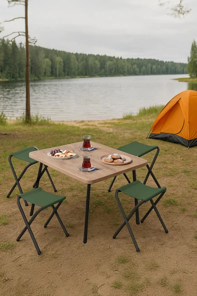 Exent 45X60 cm Kamp Sehpası + 4 Adet YEŞİL Tabure Piknik, bahçe balkon sehpası Katlanır Sehpa-A-4Y ürün görseli