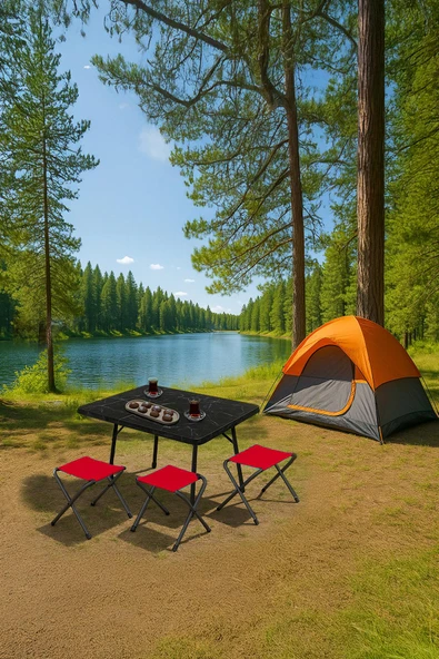 Exent 45X60 cm Kamp Sehpası + 3 Adet KIRMIZI Tabure Piknik, bahçe balkon sehpası Katlanır Sehpa-ME-3K ürün görseli