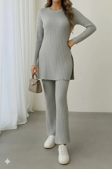 MDB Kadın Uzun Kollu Yuvarlak Yaka Yandan Yırtmaç Detaylı şardonlu Kaşkorse Bluz Ve Pantolon Ikili Takım - Resim 3