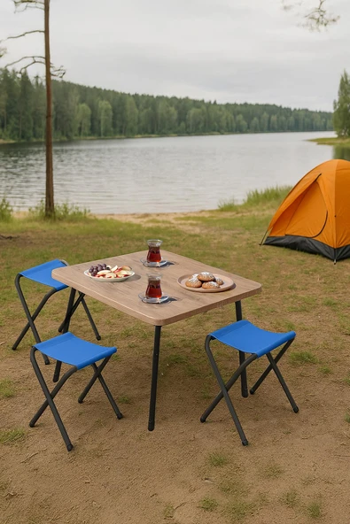 Exent 45X60 cm Kamp Sehpası + 3 Adet MAVİ Tabure Piknik, bahçe balkon sehpası Katlanır Sehpa-A-3M