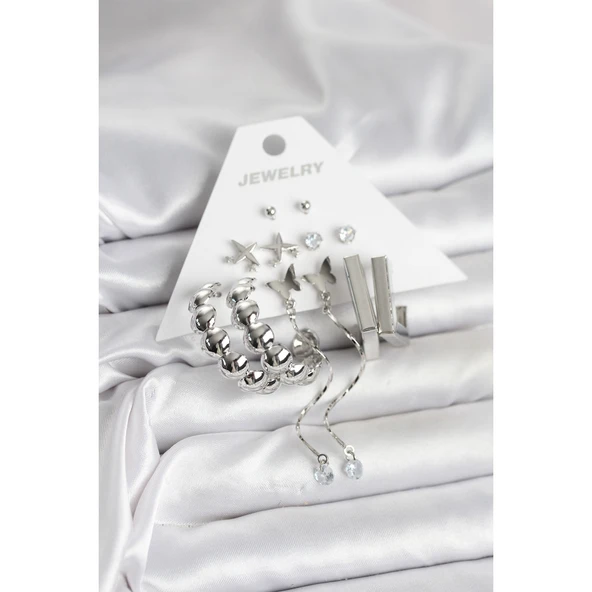 Gümüş Renk Pirinç 6'lı Kadın Küpe Seti