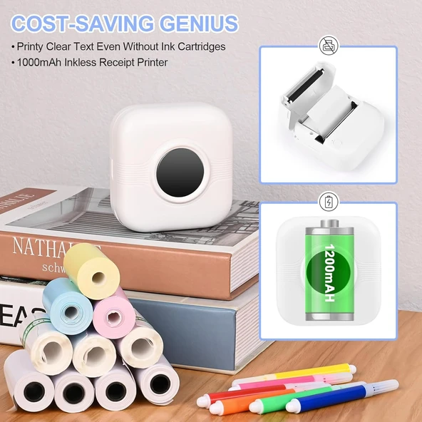 C17 Mini Taşınabilir Yazıcı 12 Rulo Kağıtlı Mürekkepsiz Etiket Yazıcısı  Mini Termal Yazıcı Beyaz - Resim 2
