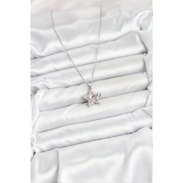 316L Çelik Zincir Gümüş Renk Pembe Taşlı Yıldız Model Kadın Kolye - 2