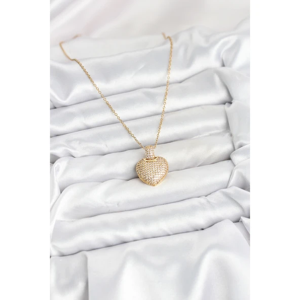 316L Çelik Zincir Gold Renk Zirkon Taşlı Kalpli Kadın Kolye - 2