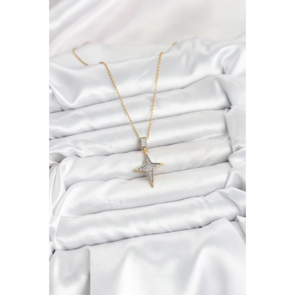 316L Çelik Zincir Gold Renk Kutup Yıldızı Model Zirkon Taşlı Kadın Kolye - 2