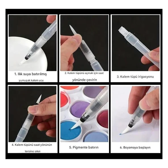 Fırça uçlu, brush pen, sulu boya, su ve mürekkep hazneli, boyama kalem-S beden - Resim 4
