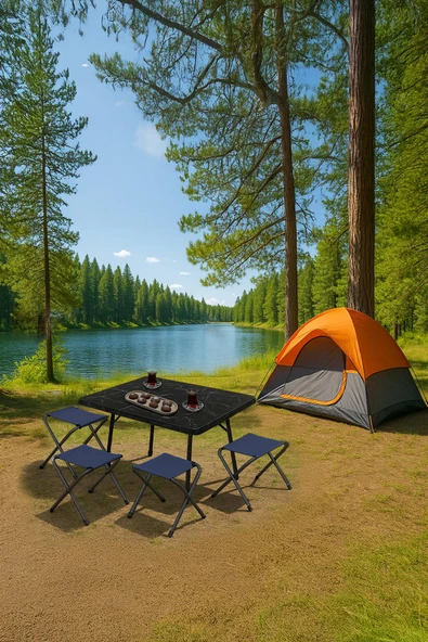 Exent 45X60 cm Kamp Sehpası + 4 Adet LACİVERT Tabure Piknik, bahçe sehpası Katlanır Sehpa-ME-4L ürün görseli