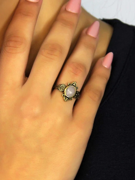 Doğal Taş Pembe Kuvars Taşlı Antik Model Kadın Ayarlanabillir Yüzük euy78pk - Resim 3