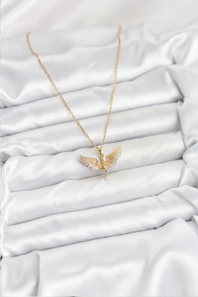 316L Çelik Zincir Gold Renk Melek Model Kadın Kolye - Resim 2