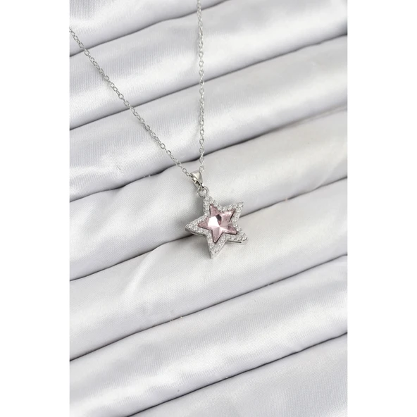 316L Çelik Zincir Gümüş Renk Pembe Taşlı Yıldız Model Kadın Kolye