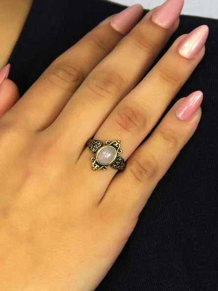 Doğal Taş Pembe Kuvars Taşlı Antik Model Kadın Ayarlanabillir Yüzük euy78pk - Resim 2