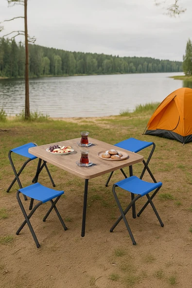 Exent 45X60 cm Kamp Sehpası + 4 Adet MAVİ Tabure Piknik, bahçe balkon sehpası Katlanır Sehpa-A-4M