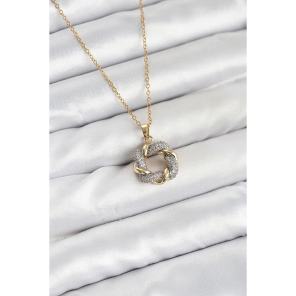 316L Çelik Zincir Gold Renk Zirkon Taşlı Sarmal Model Kadın Kolye