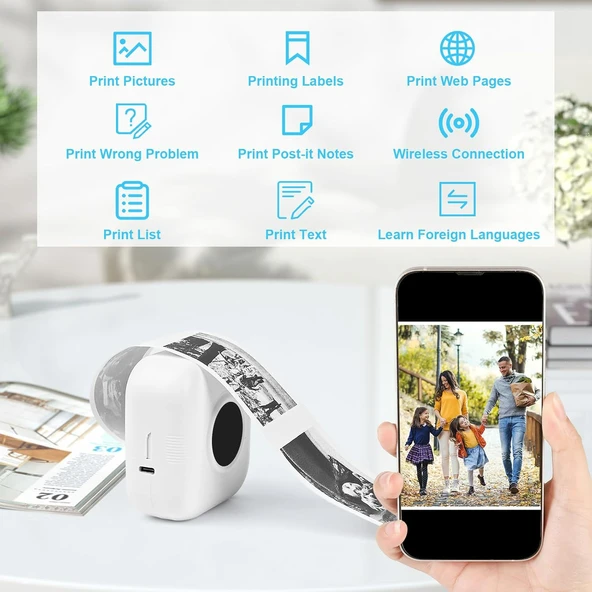 C17 Mini Taşınabilir Yazıcı 12 Rulo Kağıtlı Mürekkepsiz Etiket Yazıcısı  Mini Termal Yazıcı Beyaz - Resim 7