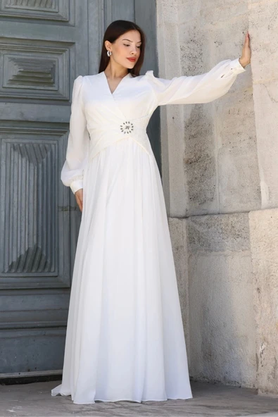 Bel Detaylı Kruvaze Yaka Abiye Elbise 2763-Beyaz - Resim 2