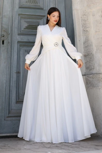 Bel Detaylı Kruvaze Yaka Abiye Elbise 2763-Beyaz - Resim 3