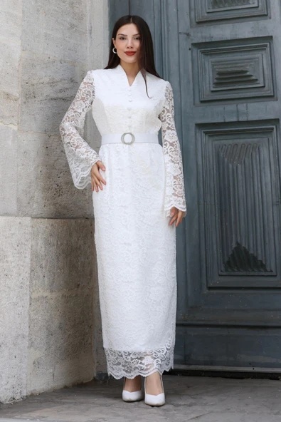 Hakim Yaka Kemerli Dantel Maxi Abiye Elbise 6032-Beyaz - Resim 4