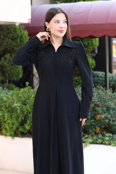 Gömlek Yaka Dantel İşleme ve Kaplamalı Kemerli Abiye Elbise 2764-Siyah - 4