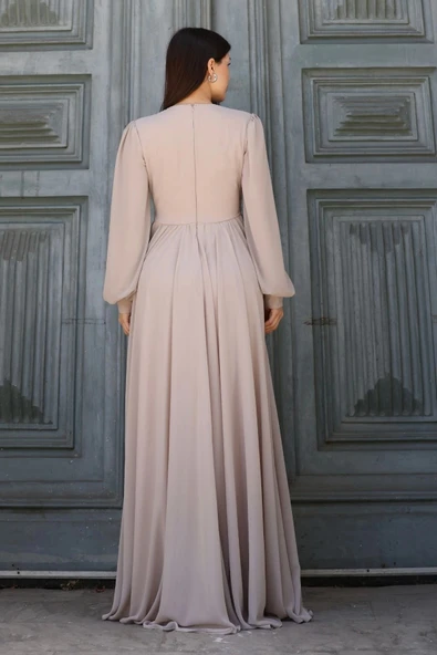 Bel Detaylı Kruvaze Yaka Abiye Elbise 2763-Bej - Resim 7