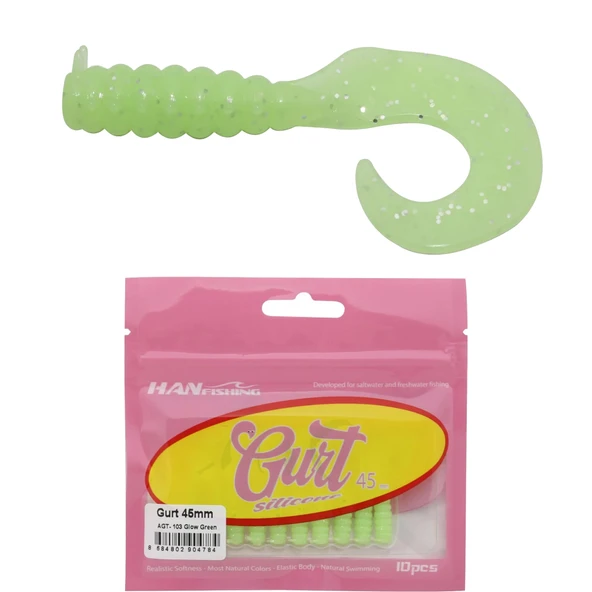 HanFish Gurt 4.5cm 10 Adet Orak Kuyruk Silikon Yem  AGT-103 Glow Green ürün görseli