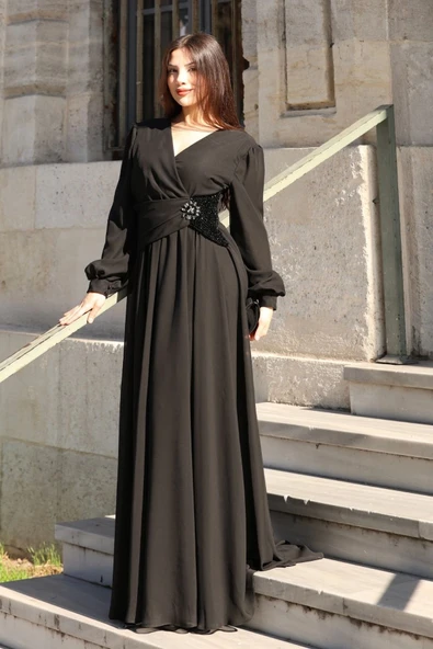 Bel Detaylı Kruvaze Yaka Abiye Elbise 2763-Siyah - Resim 5